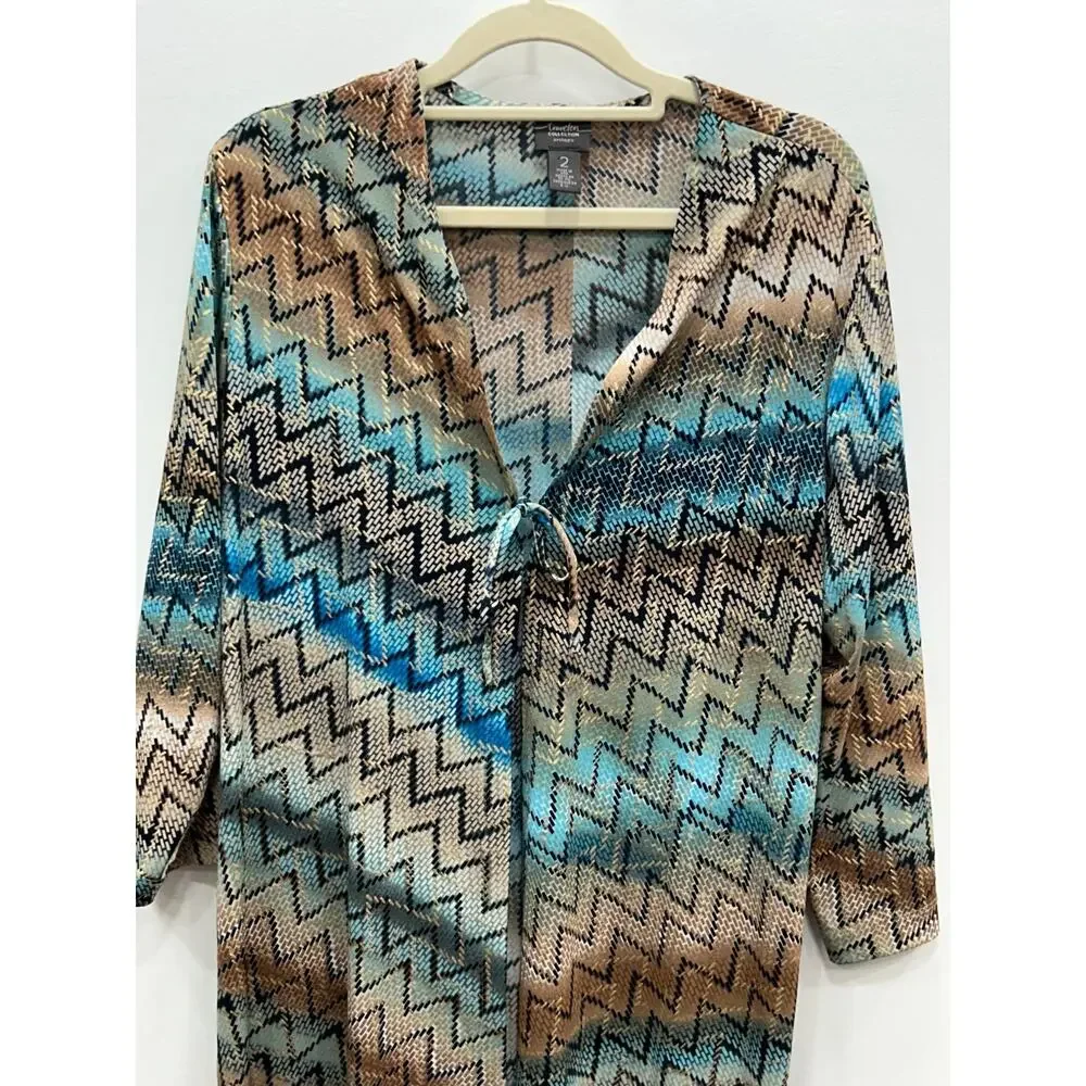 Chicos‎ Travelers Womens Chevron Blue Brown Duster Size L Lagenlook Artsy